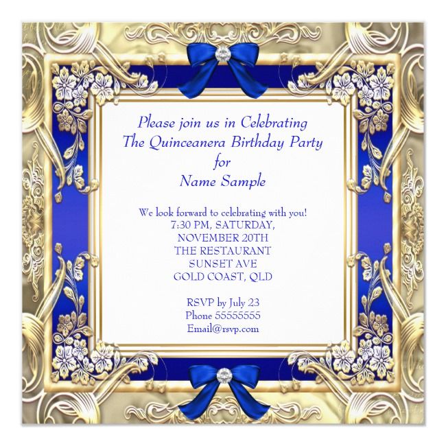 a blue and gold birthday party card with an ornate frame on the front, featuring a bow