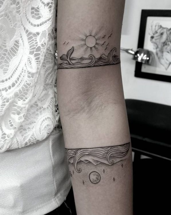 two tattoos on the arms of women with waves, sun and moon tattoo designs above them