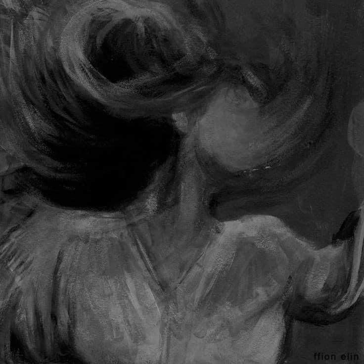 a black and white drawing of a woman with her hair blowing in the wind