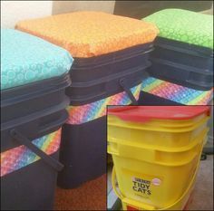 several different colored plastic containers stacked on top of each other