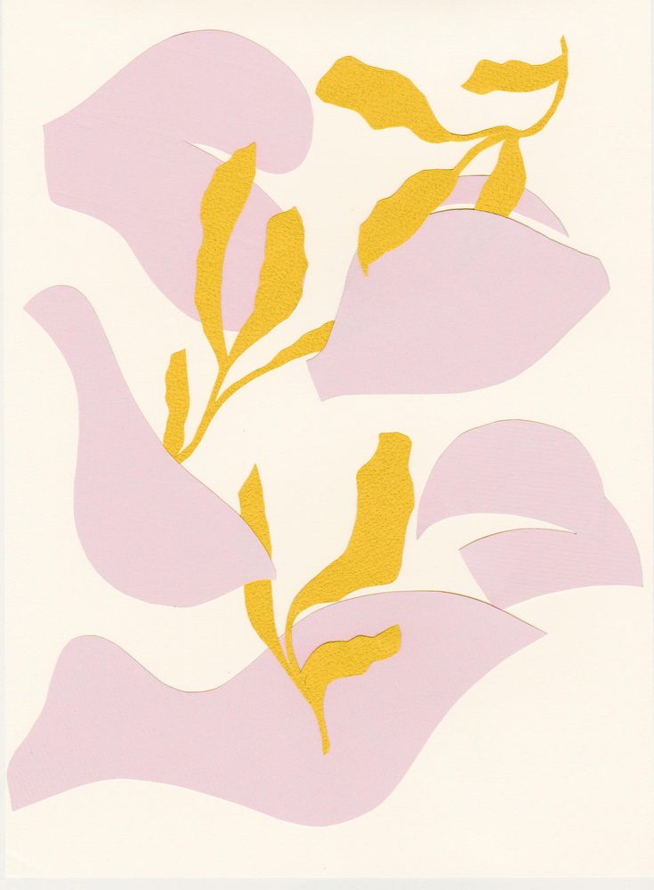 an abstract painting with yellow and pink flowers on white paper in front of a light colored background