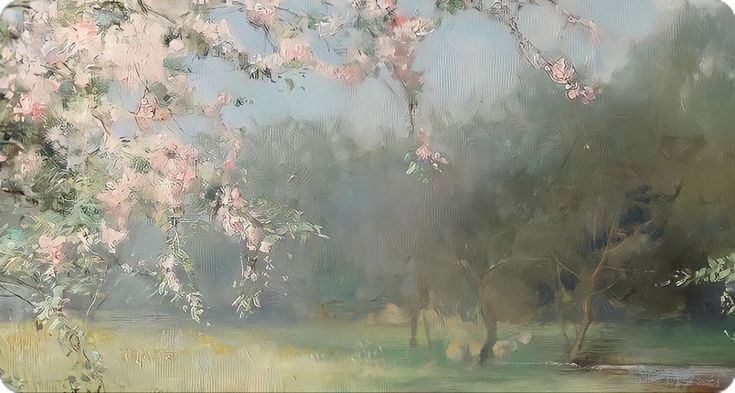 an oil painting of pink flowers on a tree