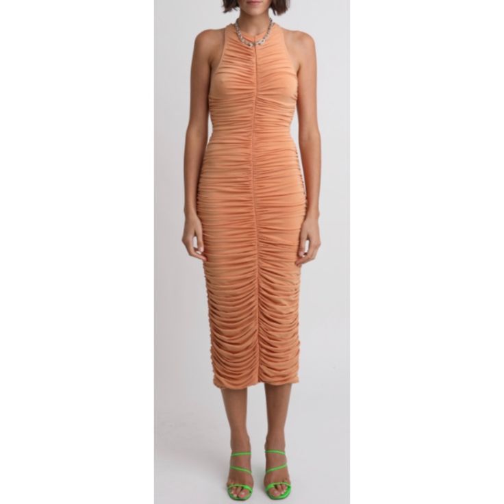 Ruched Front Seam Creates A Figure-Flattering Silhouette With Interesting Shapes At Neckline And Back. Color | Orange Type | Dress Size | Xs & L Brand | Alc Condition | Excellent ( Size Large Has Tag Attached Size Xs Does Not) Flattering Ruched Midi Dress For Cocktail, Cocktail Midi Dress With Ruched Detail, Brunch Midi Dress With Ruched Bodice, Summer Cocktail Midi Dress With Ruched Sides, Spring Party Midi Dress With Gathered Waist, Spring Midi Dress With Gathered Waist For Party, Casual Party Midi Dress With Ruched Bodice, Summer Draped Midi Dress With Ruched Back, Casual Ruched Midi Dress For Cocktail