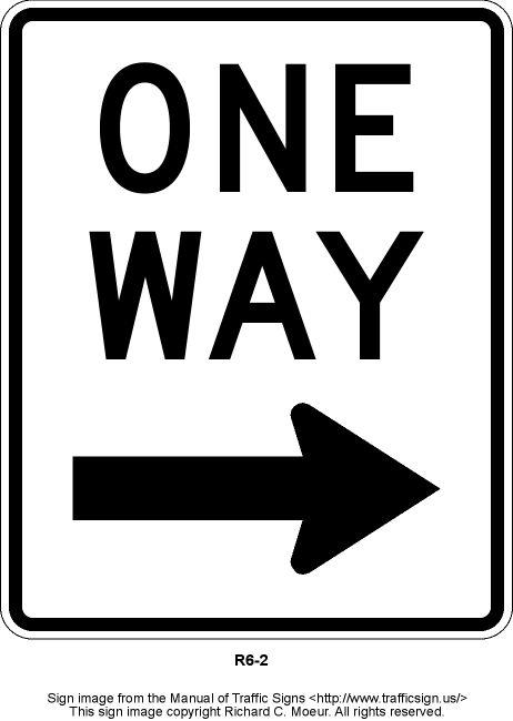 a one way sign with an arrow pointing to the right and text that reads, one way