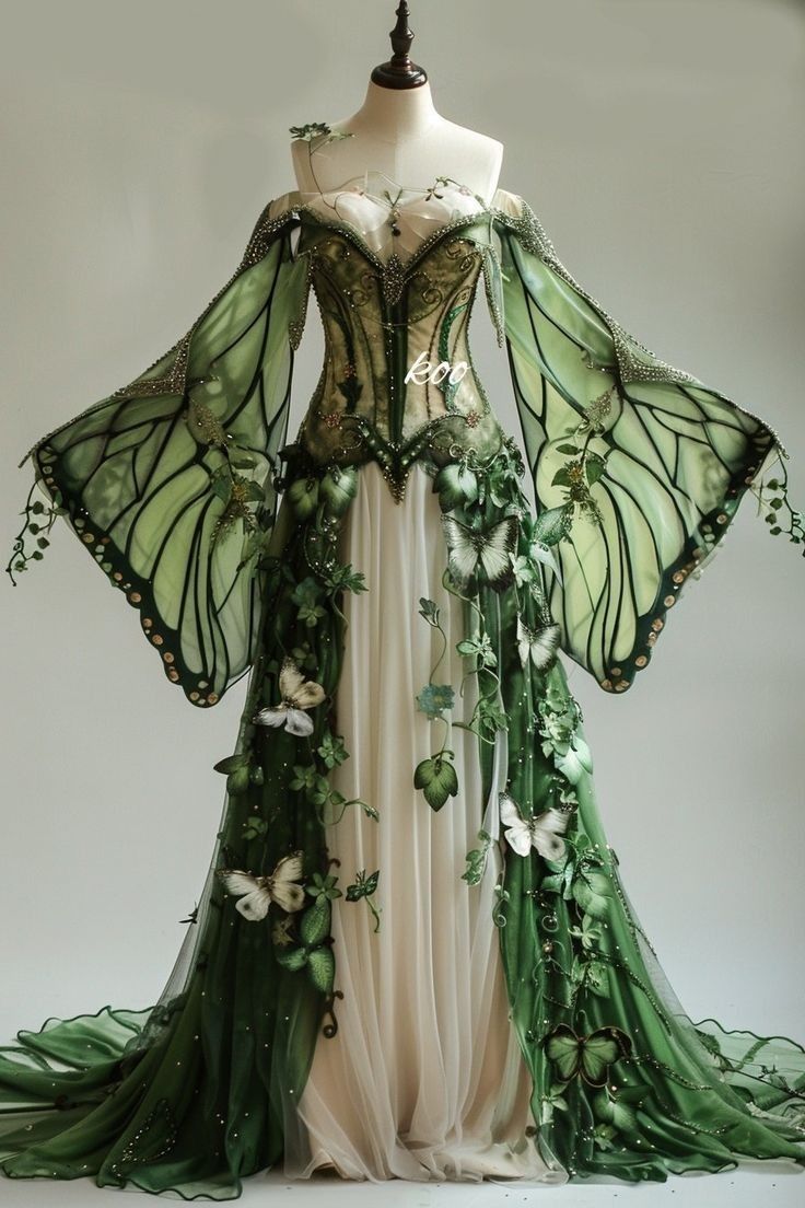 Fae Ball Dress, Nature Themed Dress, Green Fantasy Gown, Fantasy Aesthetic Outfits, Fairy Dresses Aesthetic, Fantasy Costume Ideas, Enchanted Forest Gown, Fairy Outfit Ideas, Plant Dress