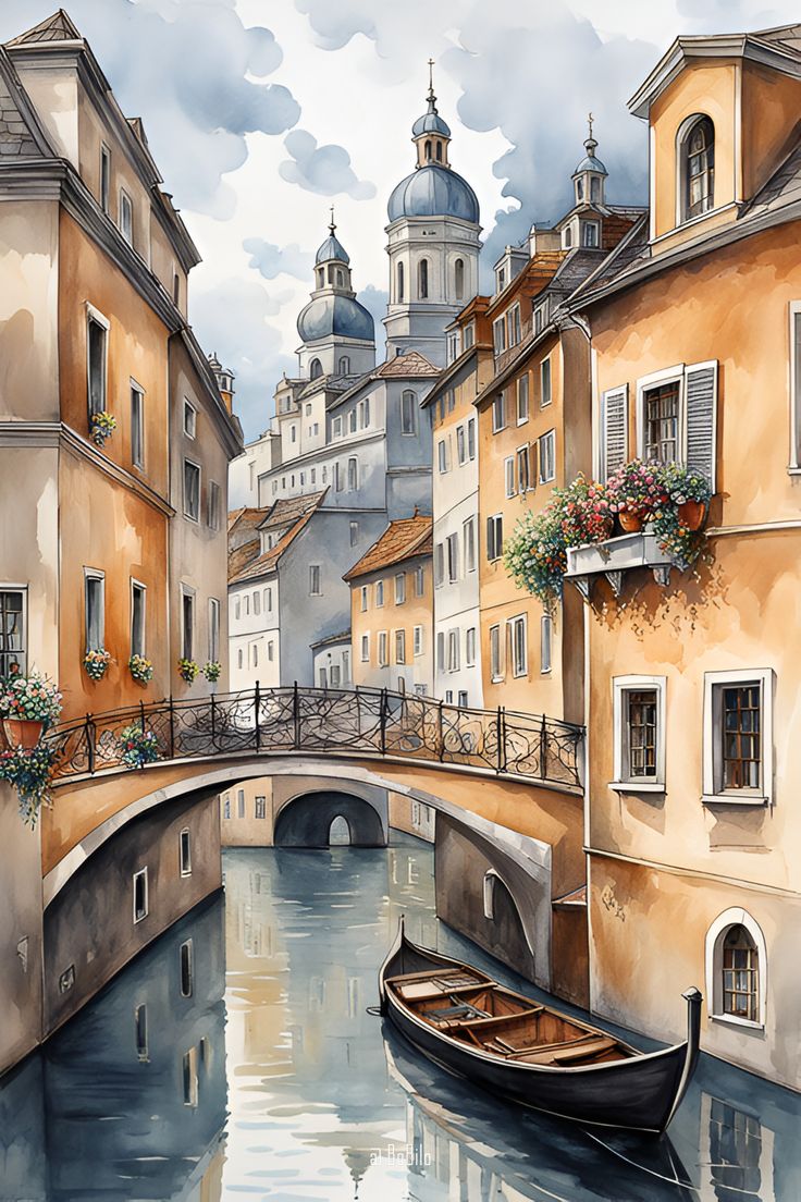 Classic style AI generated fantasy city landscape inspired by a famous old European city Famous European Paintings, European City Drawing, Old Architecture Painting, Paintings Of Venice, Old City Painting, Fantasy City Landscape, Watercolor Art City, City Watercolor Painting, Europe Drawing