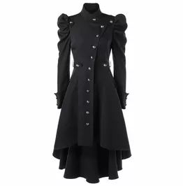 Material: Cotton, Polyester, Viscose Closure: Lace-up Color: Black Sleeve length: Long-sleeved  Features: Epaulets, Slit Asymmetrical hem Length: Long This black long coat is made of cotton, polyester, and viscose. They have a lace-up closure and long sleeves with epaulets. The coat also has an asymmetrical slit hem and long sleeves. You can pair this coat with leggings and heels. Women Steampunk, Steampunk Coat, Gothic Coat, Mode Mantel, Goth Vintage, Steampunk Victorian, Elegant Coats, Clothes Vintage, Gothic Clothes