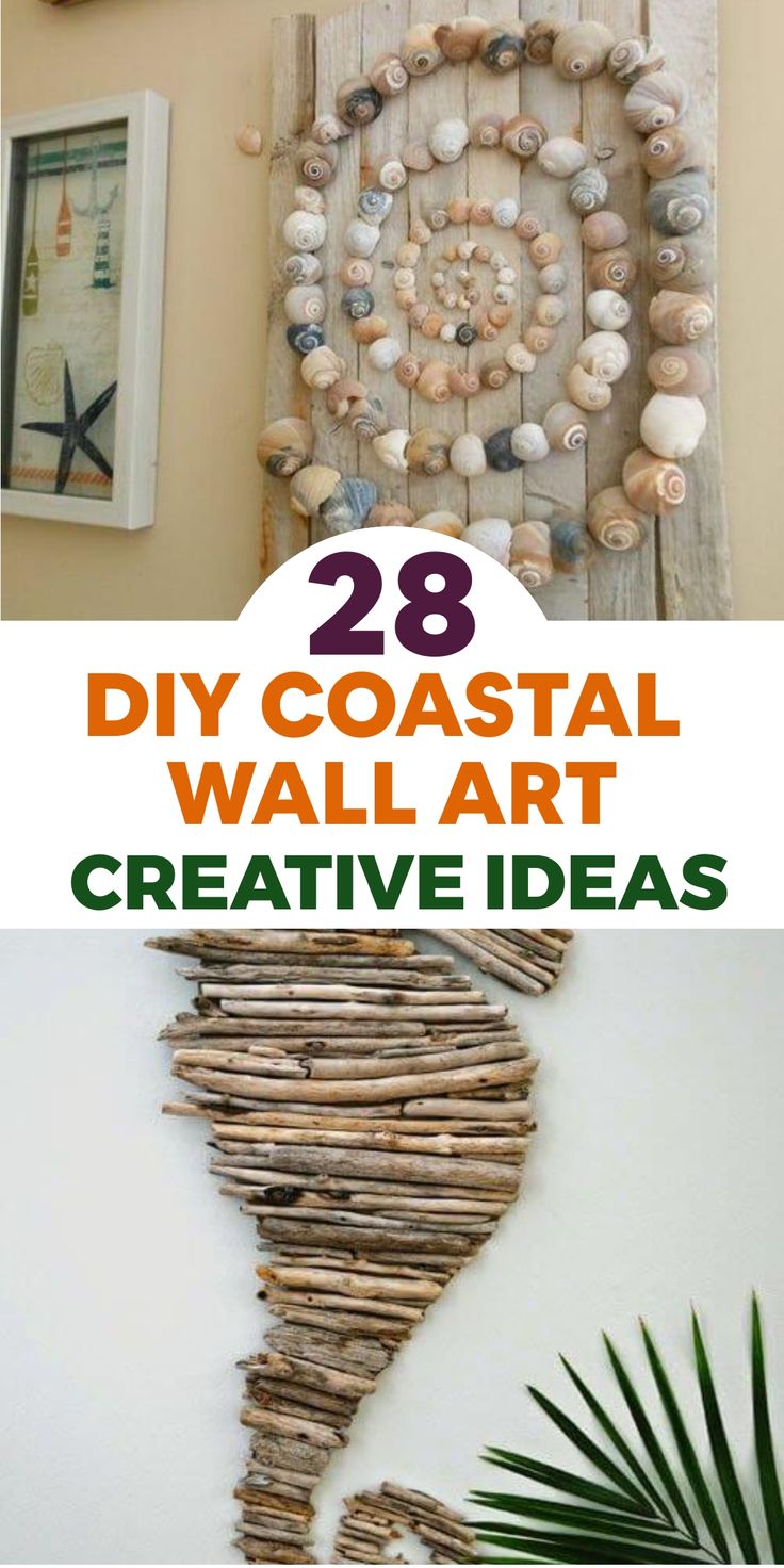 two pictures with the words 28 diy coastal wall art creative ideas on it and an image