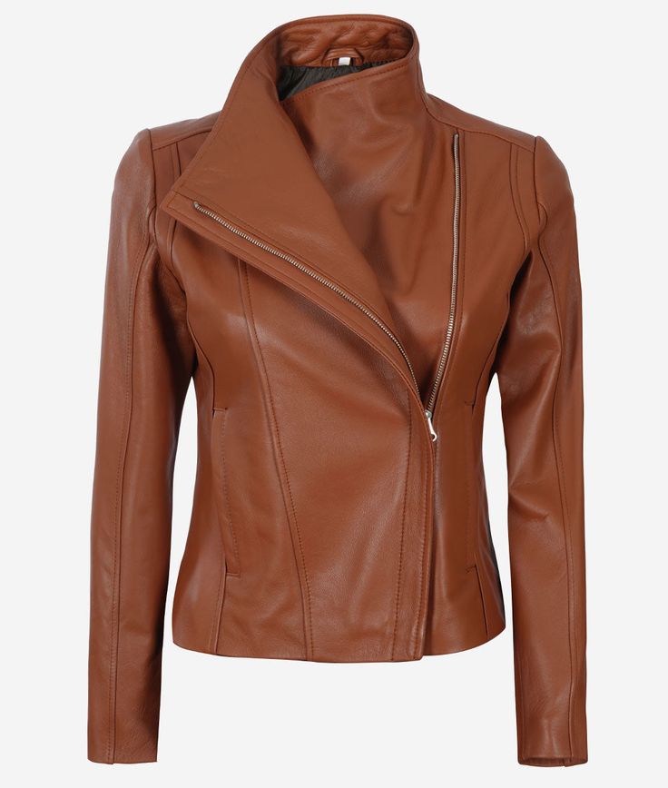 Asymmetrical Cognac Leather Biker Jacket Women Modern Fitted Brown Leather Jacket, Trendy Brown Fitted Leather Jacket, Trendy Fitted Brown Leather Jacket, Leather Jacket With Zipper For Fall, Leather Jacket With Zipper Closure For Fall, Trendy Asymmetrical Zip Leather Jacket, Trendy Leather Jacket With Asymmetrical Zip, Fitted Brown Leather Jacket With Asymmetrical Zip, Brown Leather Jacket With Zipper For Fall