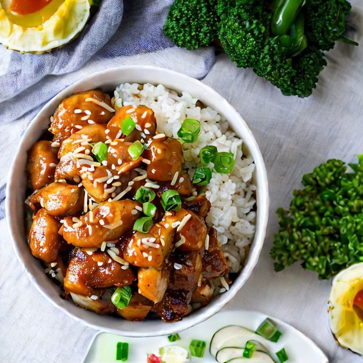 a white bowl filled with chicken and rice next to broccoli on a table