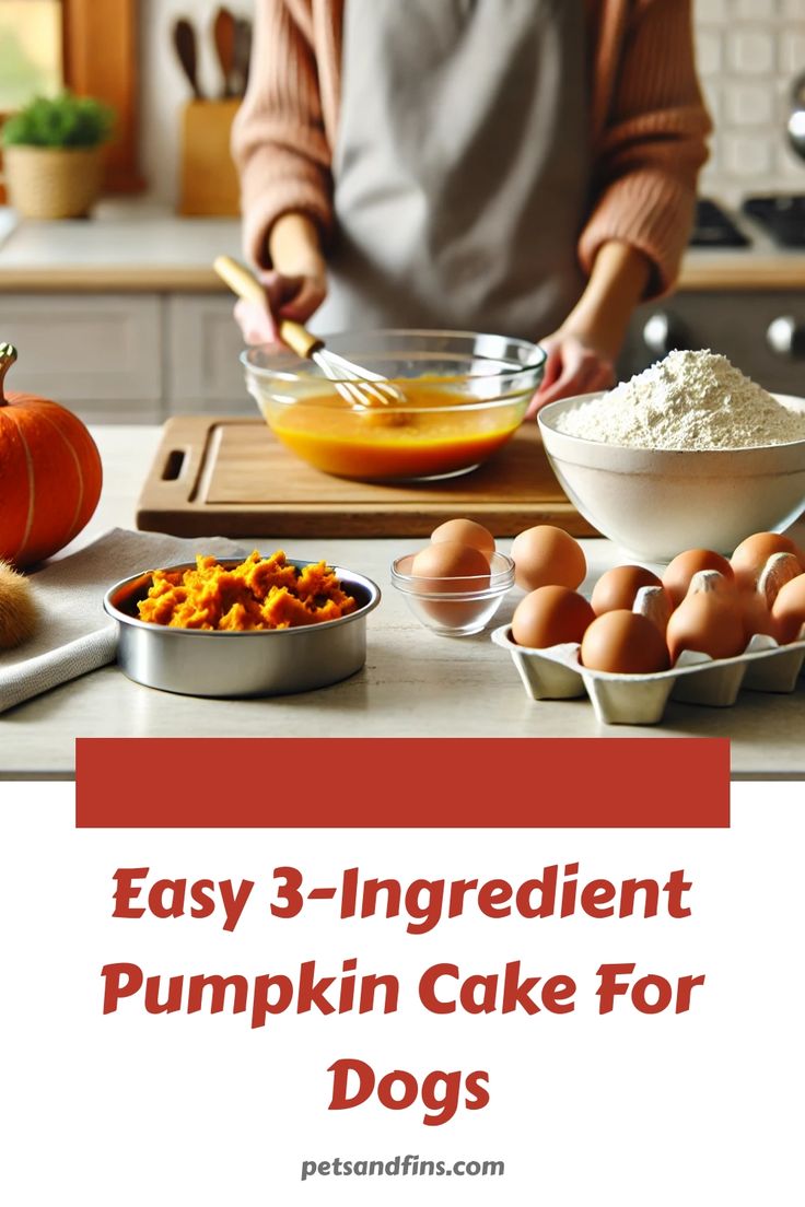 woman preparing pumpkin cake for dogs in the kitchen with title overlay that reads easy 3 - ingredient pumpkin cake for dogs