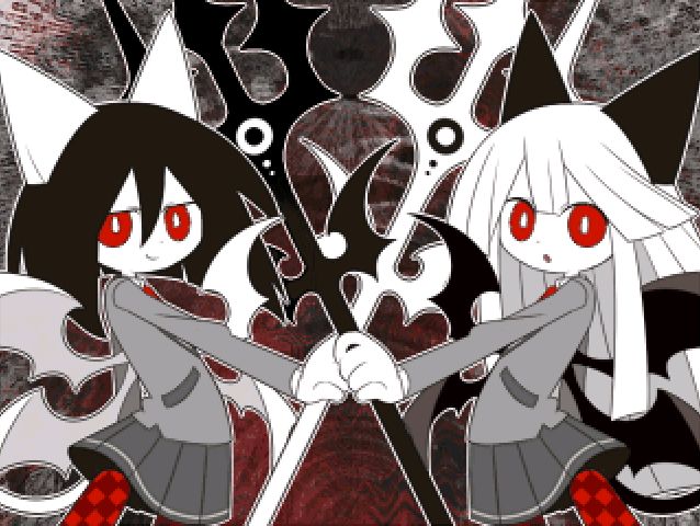 two anime characters with red eyes holding swords