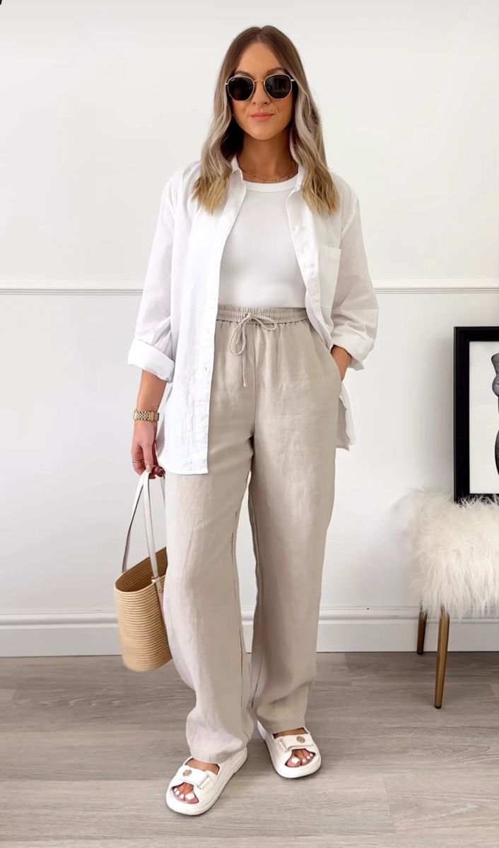 Cute Back To School Outfits, Linen Pants Outfit, Athleisure Summer, Look Zara, Casual Work Outfits Women, Midsize Outfits, Modest Summer Outfits, Outfit Vintage, Casual Day Outfits