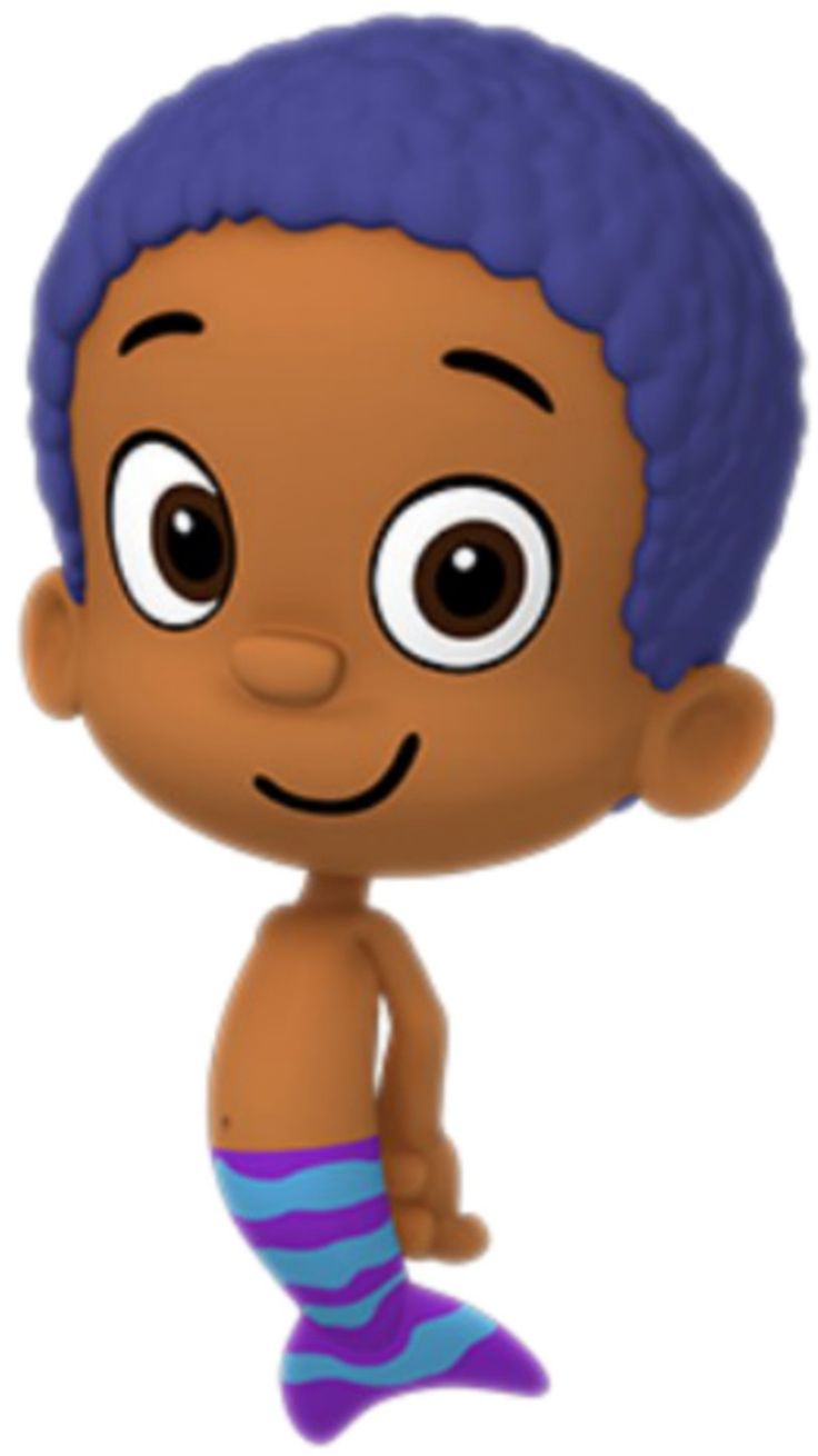 an animated cartoon character with blue hair and purple socks, standing in front of a white background