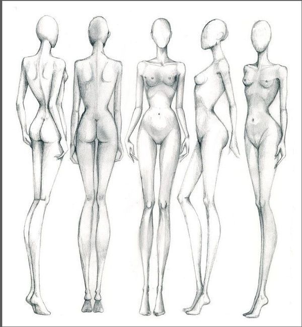 a line drawing of female mannequins in various positions, from front to back