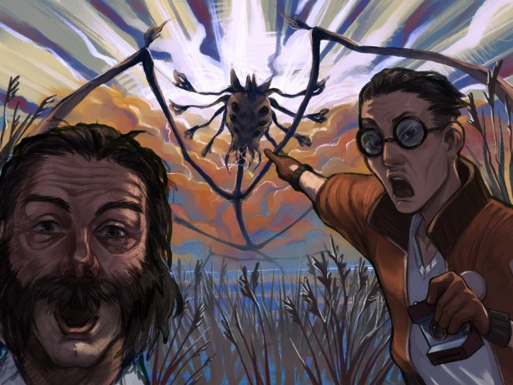 two people standing in front of a spider