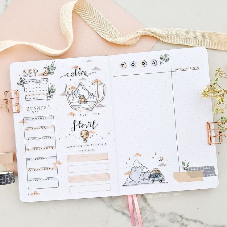 an open planner book sitting on top of a table