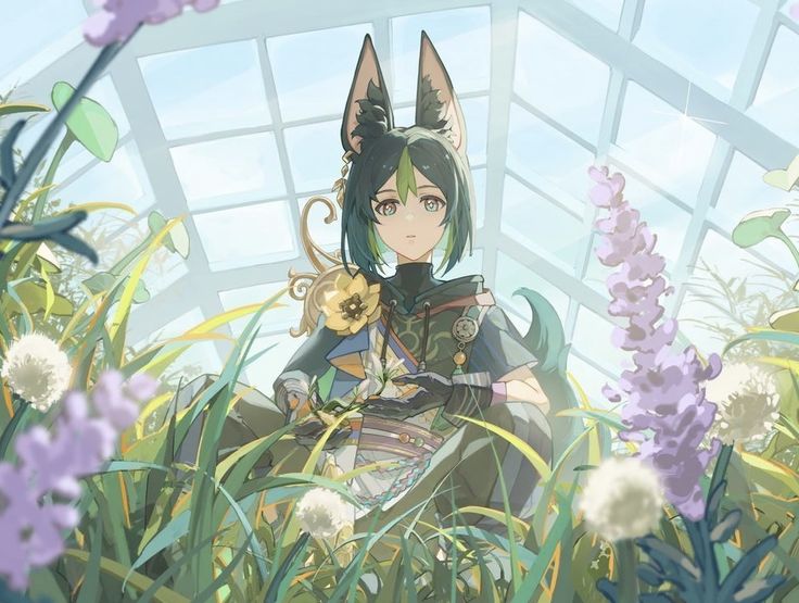 an anime character is sitting in the middle of some flowers and grass with her cat ears up