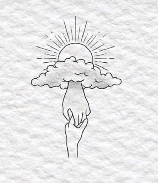 a drawing of a hand holding a cloud with the sun in it's center