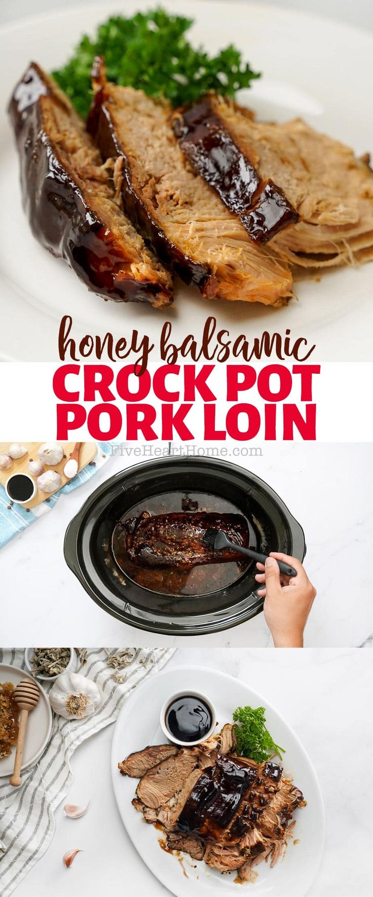 there is a plate with meat on it and the words honey balsamic crock pot pork lon