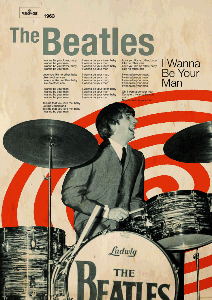 an advertisement for the beatles featuring a man playing drums