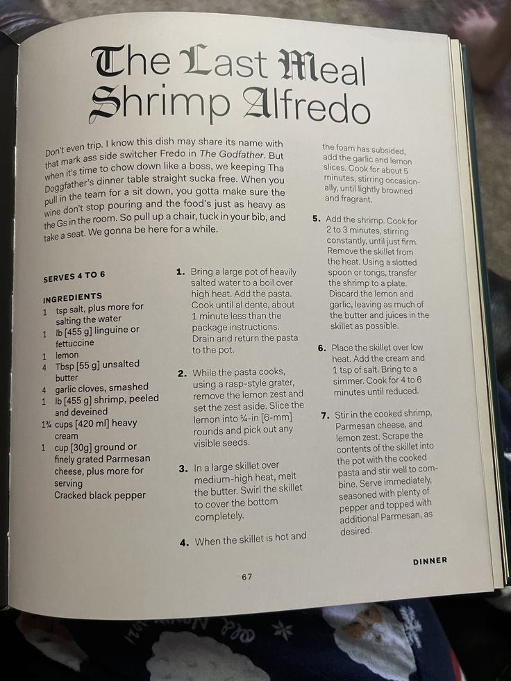 the last meal shrimp alfredo recipe book opened