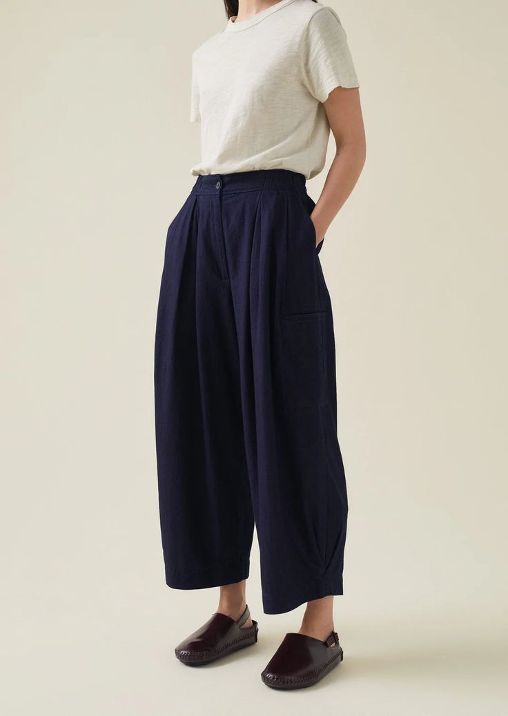 Indigo Cotton Twill Wide Leg Pants | Indigo | TOAST Chic Cotton Pleated Wide Leg Pants, Chic Pleated Cotton Wide Leg Pants, Cropped Wide Leg Pants With Welt Pockets For Work, Relaxed Fit Cotton Wide-leg Culottes, Workwear Straight Culottes With Pockets, Chic Cotton Culottes For Work, Business Casual Wide Leg Cropped Pants With Pockets, High-waisted Relaxed Fit Cotton Culottes, Boxy Fit Cotton Bottoms For Work