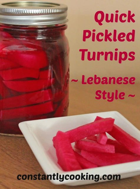 pickled turnips in a mason jar with text overlay