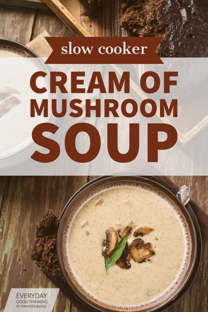 cream of mushroom soup in a bowl on a wooden table