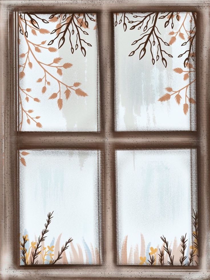 the window is decorated with leaves and branches on it's glass panes,