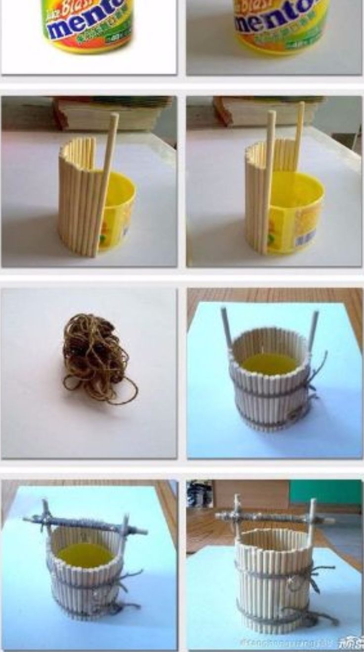 several pictures showing how to make a basket out of bamboo sticks and other things in it