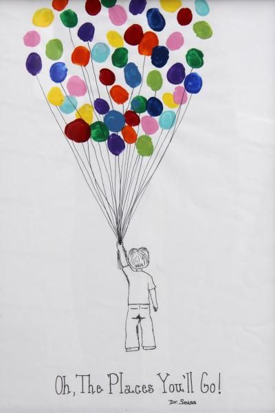 a drawing of a person holding balloons that say oh, the places you'll go