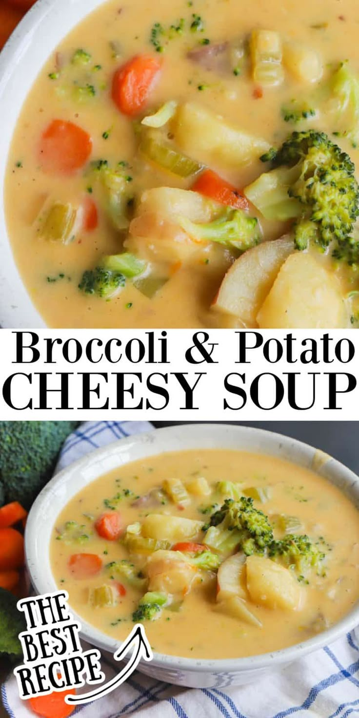 broccoli and potato cheesy soup in a bowl with the title above it