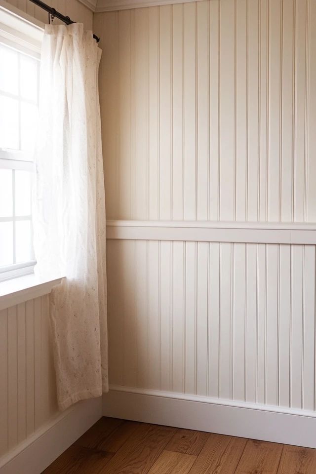 an empty room with wood floors and white walls, along with a window in the corner