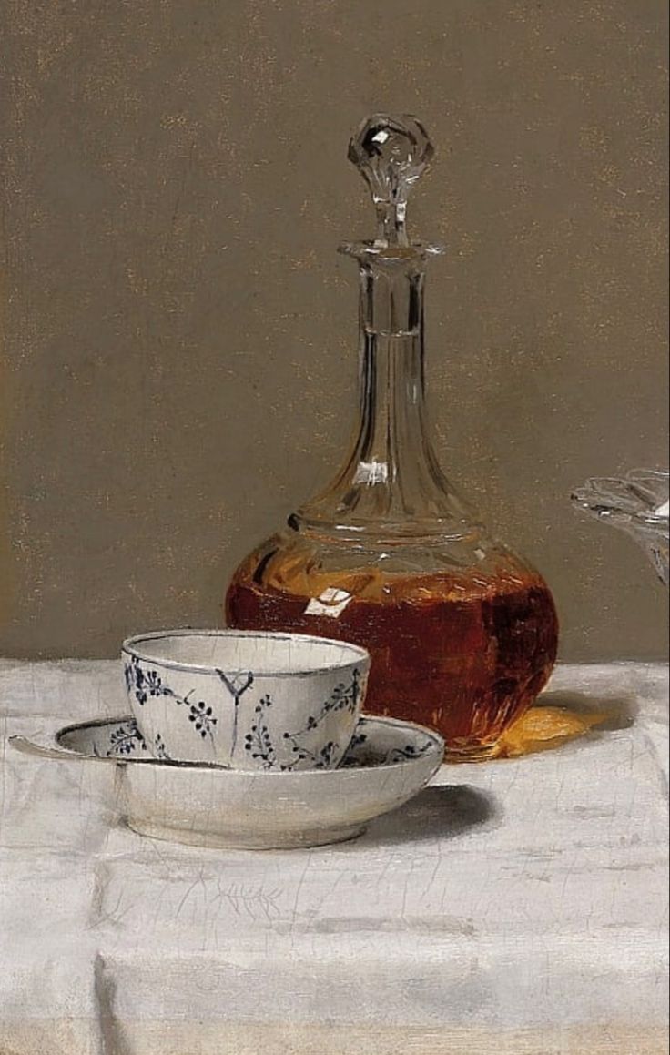 a painting of a tea cup and saucer on a white table cloth with a bottle in the background