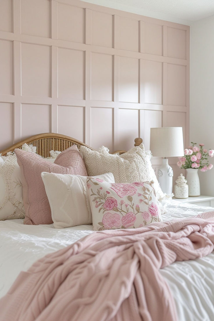 40+ Beautiful Board and Batten Wall Designs for Your Dream Bedroom Pink Elegant Bedroom Ideas, What To Do With A Plain Wall In Bedroom, Kids Room Board And Batten, Pink Wall Inspo Bedroom, Wooden Design On Wall, Toddler Floral Bedroom, Board And Batten Wall Kids Room, Blush Accent Wall Bedroom, Girls Room Panelling