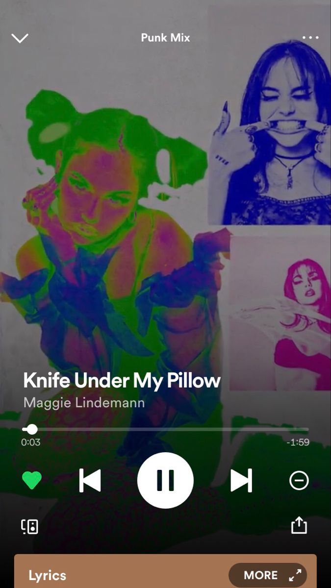 an mp3 player with two pictures on it's screen and the words, knife under my pillow