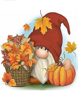 an image of a gnome with pumpkins and gourds in the fall season