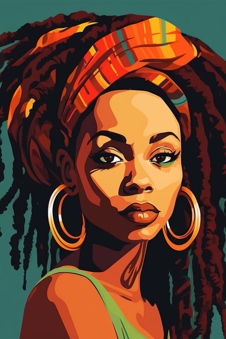 a painting of a woman with dreadlocks on her head and wearing large gold hoop earrings