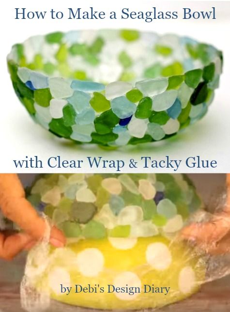 how to make a seaglass bowl with clear wrap and tack glue