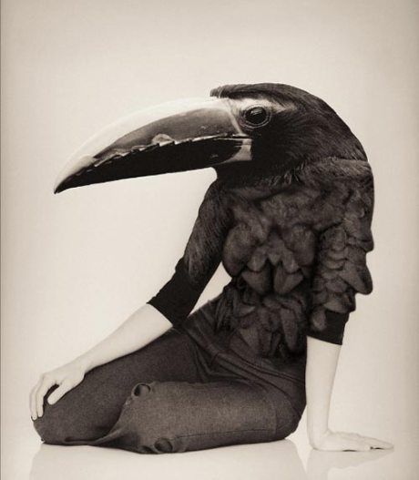 a woman sitting on the ground with a large bird on her head and legs in front of her