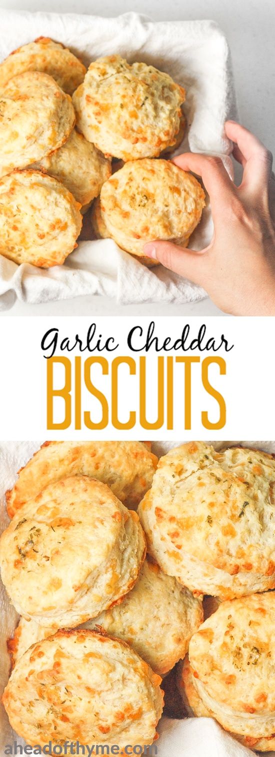 garlic cheddar biscuits on a white plate with text overlay that reads garlic cheddar biscuits