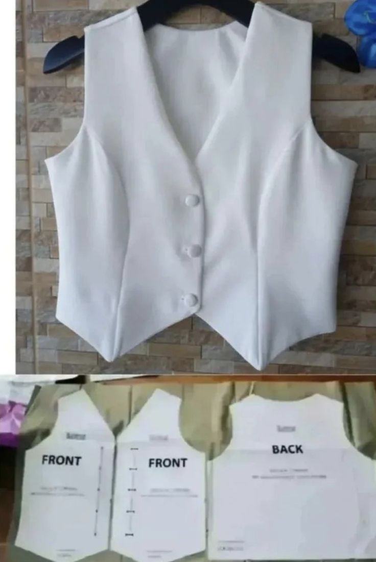 the back and side of a white vest with buttons on it, next to an image of