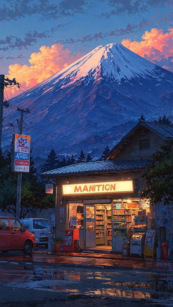 a store with a mountain in the background at dusk, and cars parked on the street