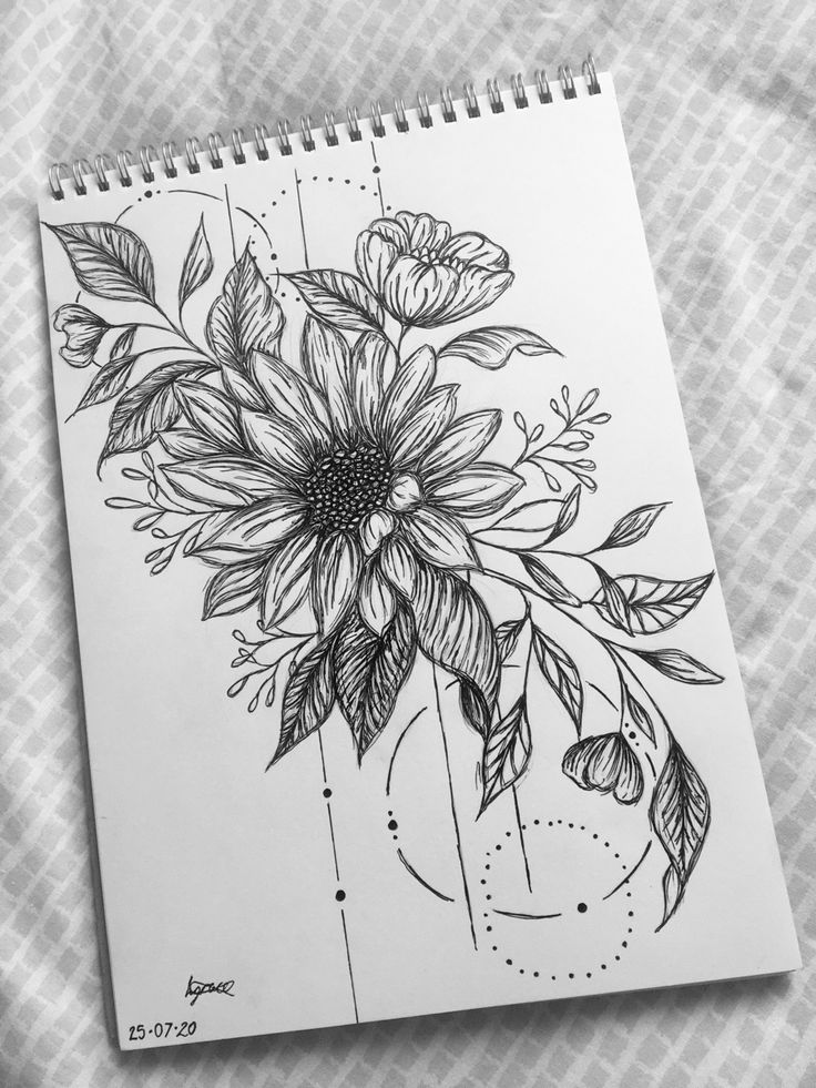 a drawing of a sunflower with leaves on it