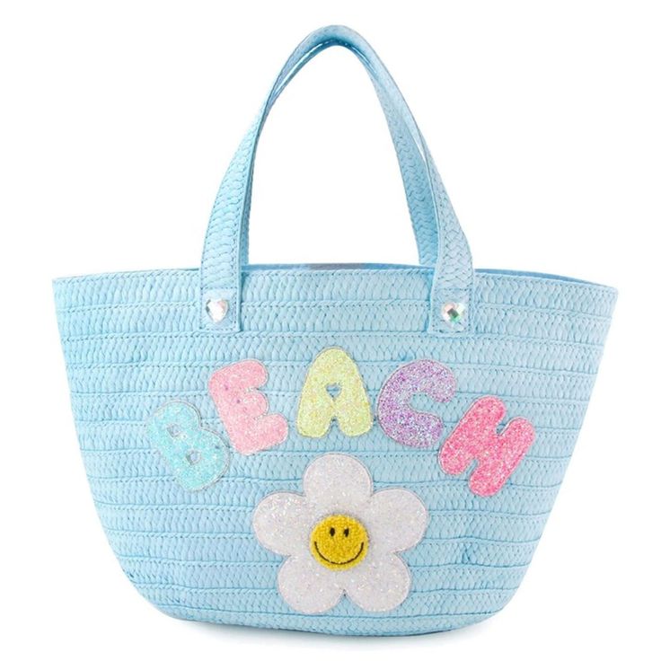 Beach Daisy Blue Straw Tote Bag-BACKPACKS, PURSES & LUNCHBOXES-OMG Accessories-Joannas Cuties Blue Bucket Bag For Spring, Blue Double Handle Beach Bag For Travel, Light Blue Tote Shoulder Bag For Spring, Blue Straw Tote Bag, Casual Light Blue Summer Bags, Spring Beach Tote Bag, Blue Straw Tote Shoulder Bag, Blue Bucket Shoulder Bag For Beach, Rectangular Blue Straw Bag