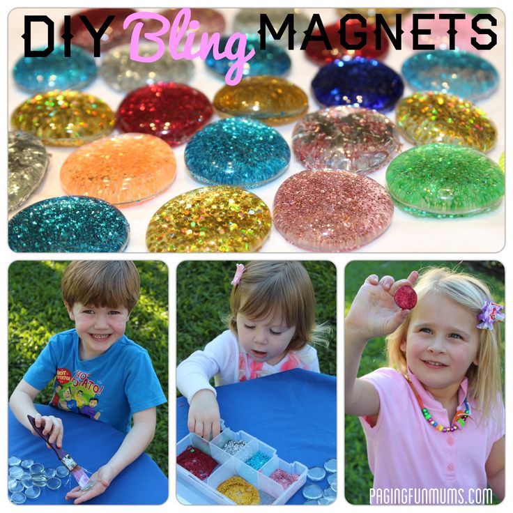 four different pictures of children making crafts with glitter magnets on the table and in front of them