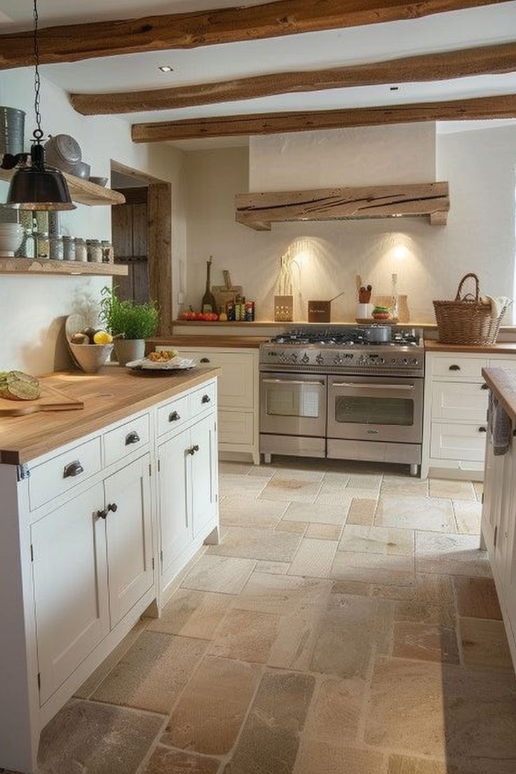 a kitchen with an oven, stove and counter tops in white painted wood planks