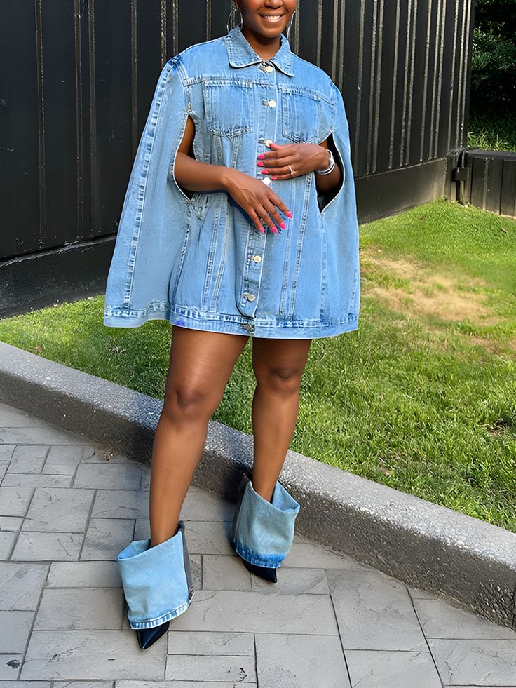 Denim Poncho Jacket Casual Long Sleeve Cape For Spring, Casual Long Sleeve Spring Cape, Casual Cape Outerwear With Pockets, Oversized Denim Dress For Fall, Blue Cape Outerwear For Spring, Oversized Long Sleeve Cape With Pockets, Recycled Denim Fashion, Oversized Jean Jacket Outfit, Denim Poncho