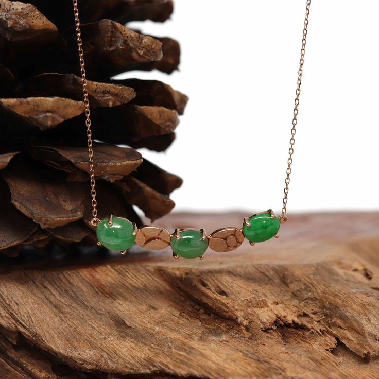 * DESIGN CONCEPT--- This necklace is made with three oval genuine imperial green Burmese jadeite. The design is a free-flowing 3 stone car design. A modern spin on a timeless bar-style necklace. Yet remains elements of tradition. Representing wholeness, completeness, and contentment. 18k rose gold (Au750) 3 Natural Burmese imperial green Jadeite Jade Unique, one-of-a-kind setting TW: 3.23 g * JADE CULTURE---Genuine Jade has been a symbol of luck, wealth, health, and protection in many Asian cult 18k Gold Chain, Gold Chain With Pendant, Bar Styling, Cabochon Pendant, Free Flowing, Jade Jewelry, Adjustable Necklace, Stone Cuts, Burmese